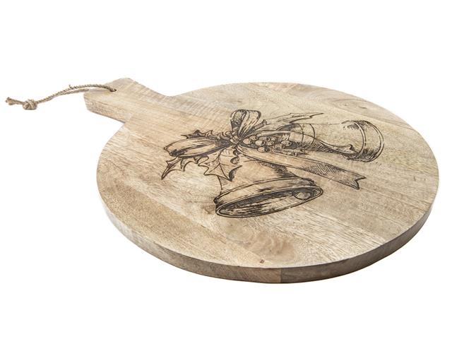 16" MANGO WOOD ROUND ETCHED CHEESE BOARD (BELLS W/ RIBBON)